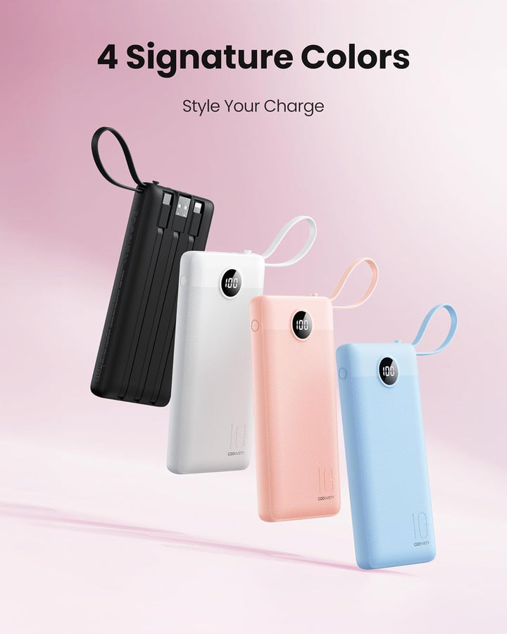 10000mAh Powerbank mit Ladekabel, Tragbares Ladegerät USB C, 5 Ausgänge 2 Eingänge LED Display Exter
