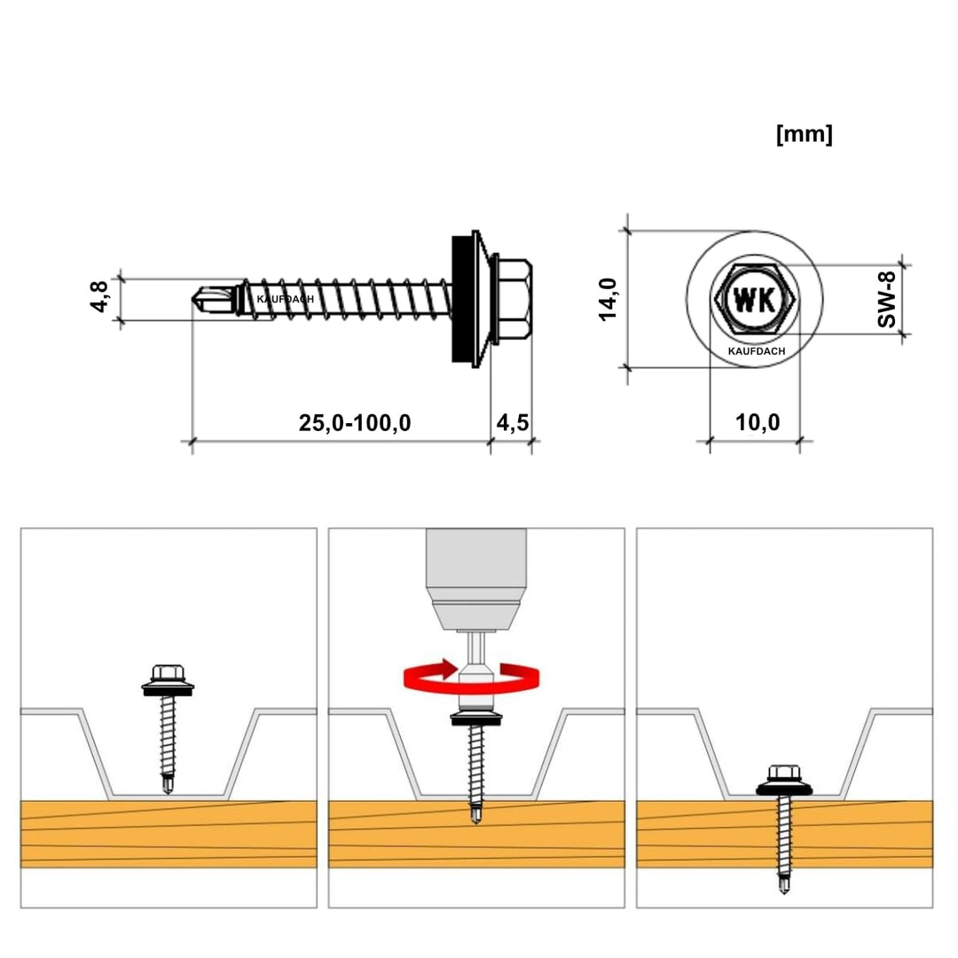 Bohrschrauben 4,8 х 25 mm 250 Stück RAL: 3011 - Braunrot - Trapezblechschrauben - 03130125