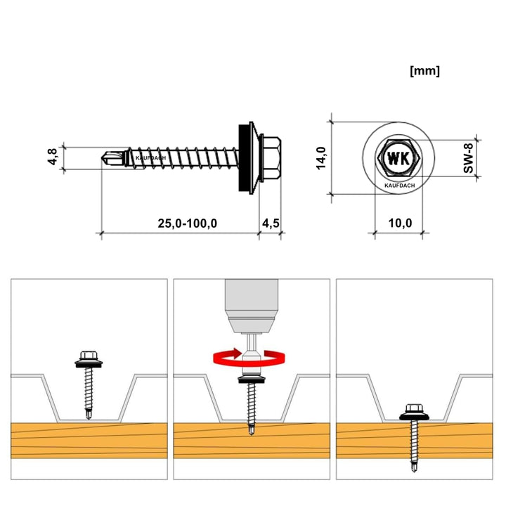 Bohrschrauben 4,8 х 25 mm 250 Stück RAL: 3011 - Braunrot - Trapezblechschrauben - 03130125