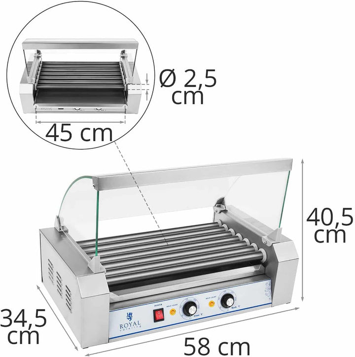 Royal Catering Hot Dog Grill - 7 Rollen, 12 Würstchen, Teflonbeschichtet, 1400 W, 2 Heizzonen, Edels