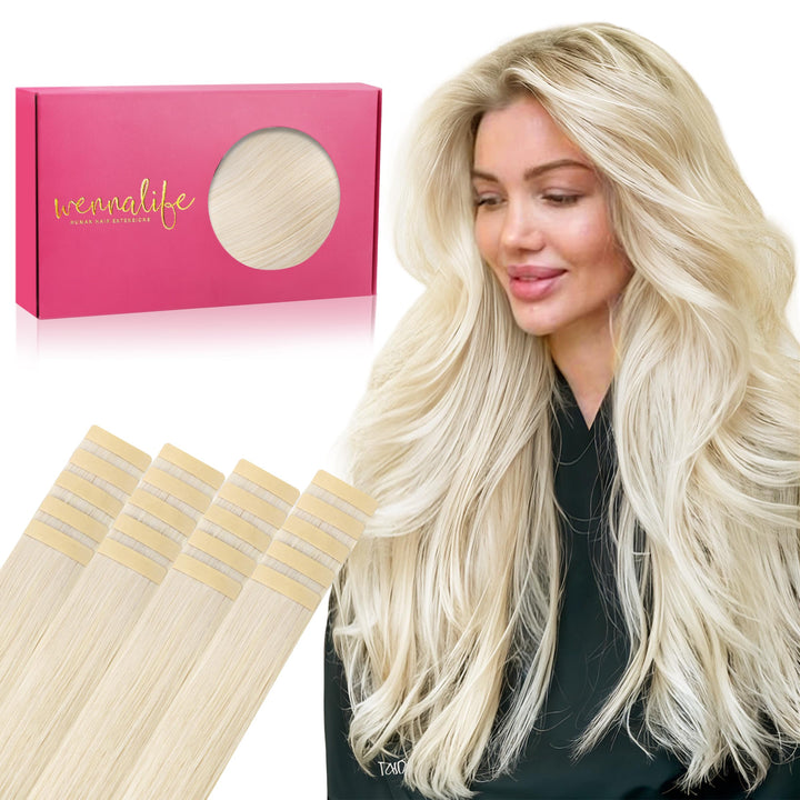 WENNALIFE Tape Extensions Echthaar, 20pcs 40g 30cm 12 Zoll Platinblond Remy Invisible Tape Extension