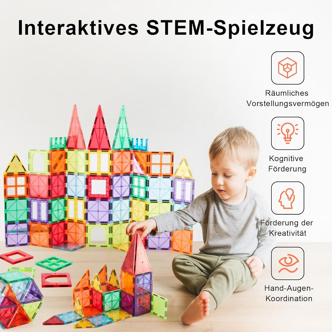100 Stück magnetische Bausteine für Kinder, STEM Magna Tiles 3D-Konstruktionsspielzeug zum Lernen fü