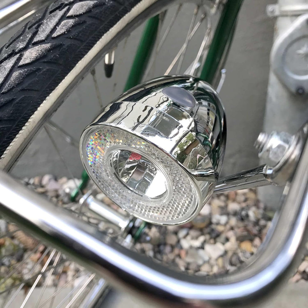 Retro LED Scheinwerfer Fahrrad Licht vorne Frontlicht mit Chrom Look und Batteriebetrieb
