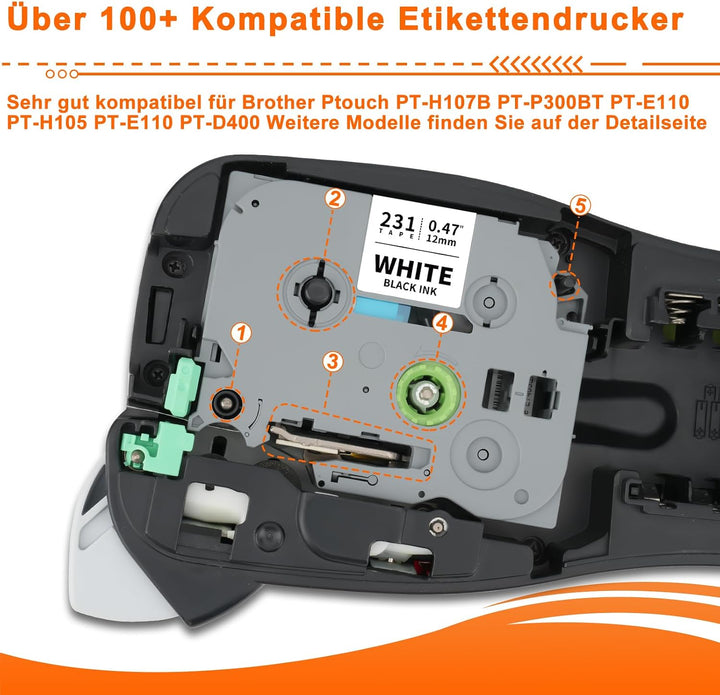 6x kompatibel für TZe-231 TZ 12mm Tape 0.47 Laminated Schriftband für Brother Ptouch Beschriftungsge