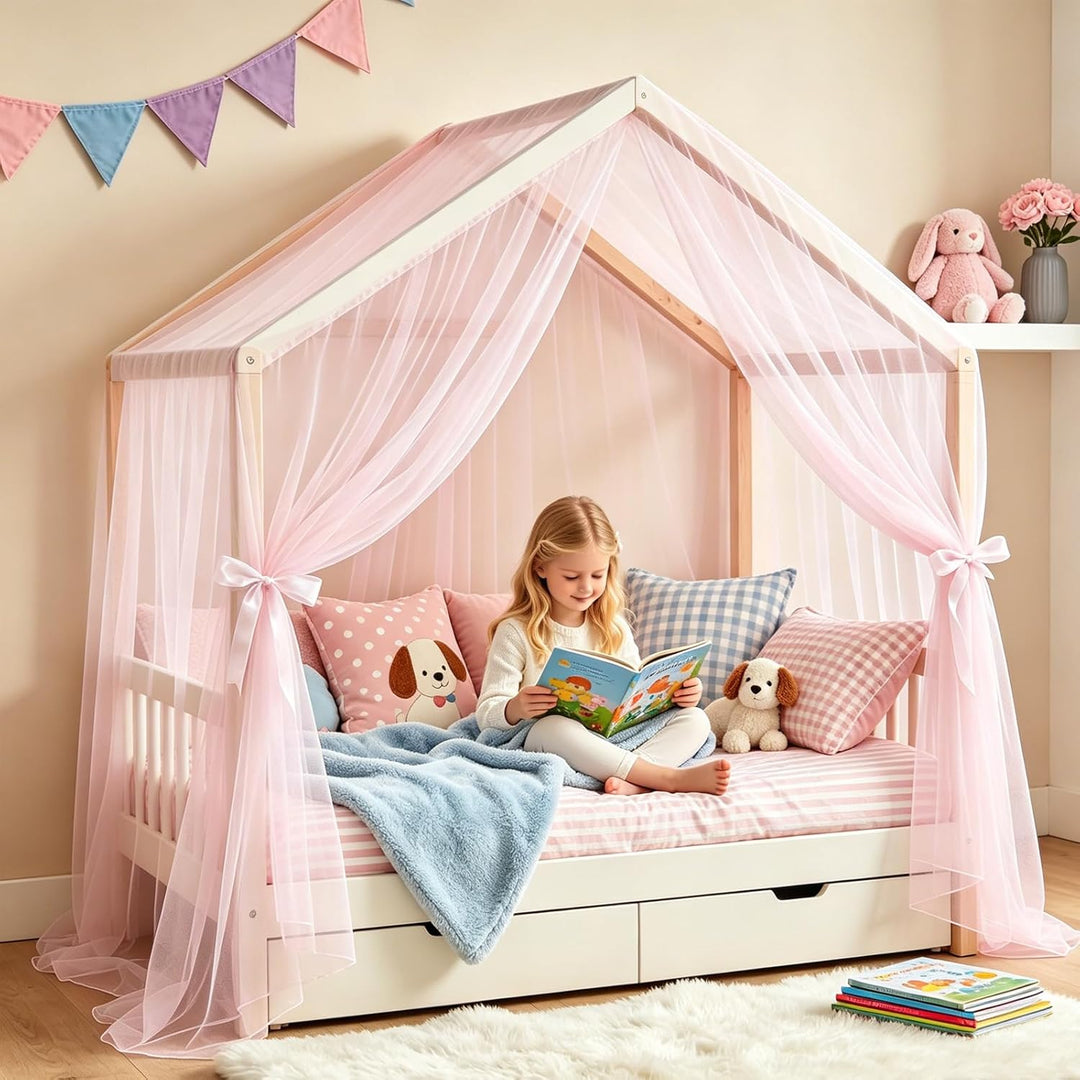 2 Stück Hausbett Himmel Set - 150 x 350 cm Betthimmel Milan-Garn, Betthimmel Hausbett, Leichte Atmun