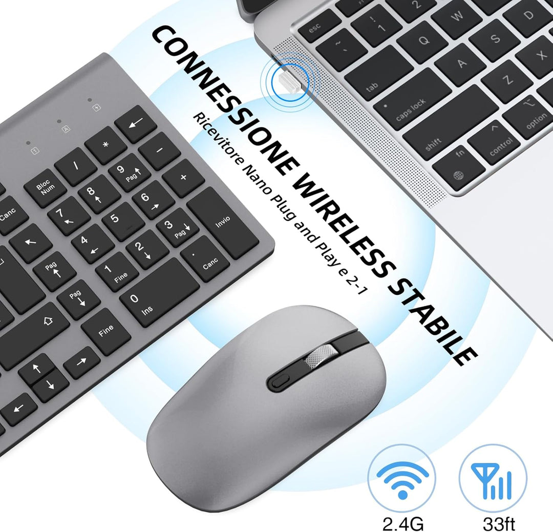 cimetech Kabellose Tastatur und Maus, italienisches QWERTY-Layout, Full-Size 2,4 GHz kabellose Maus