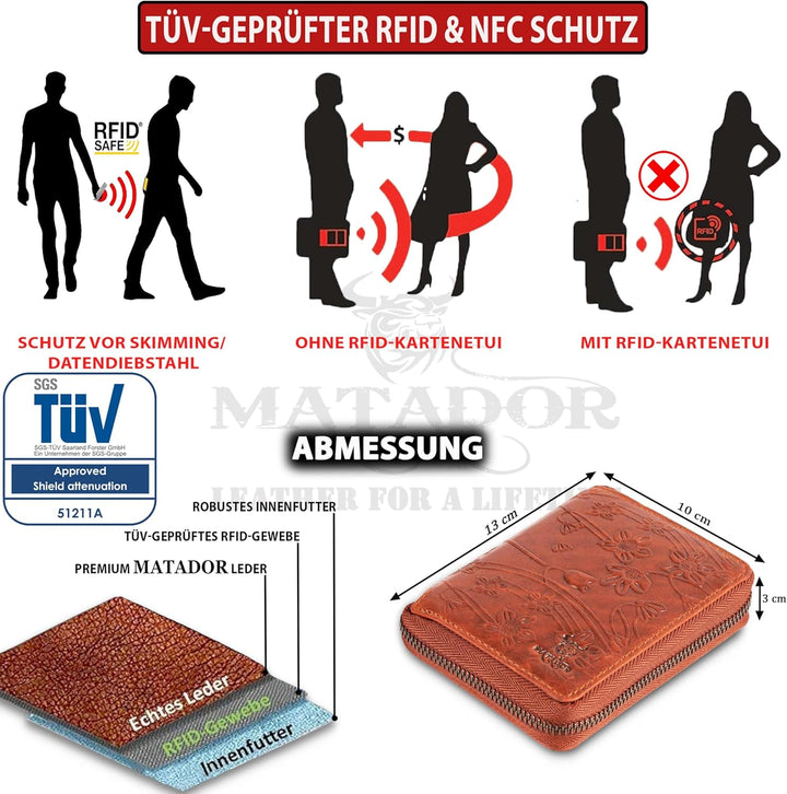 MATADOR® Geldbeutel Damen mit Reissverschluss Geldbörse Herren Echt Leder Geldbeutel mit TüV geprüft