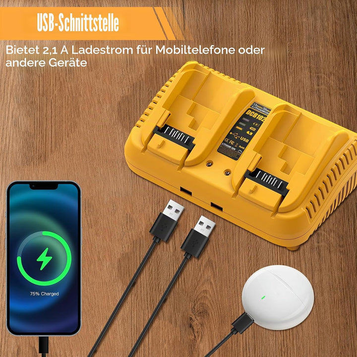 Batterieladegerät Ersatz kompatibel mit Dewalt 12V/20V Akku, 2-Ports Schnellladegerät kompatibel mit