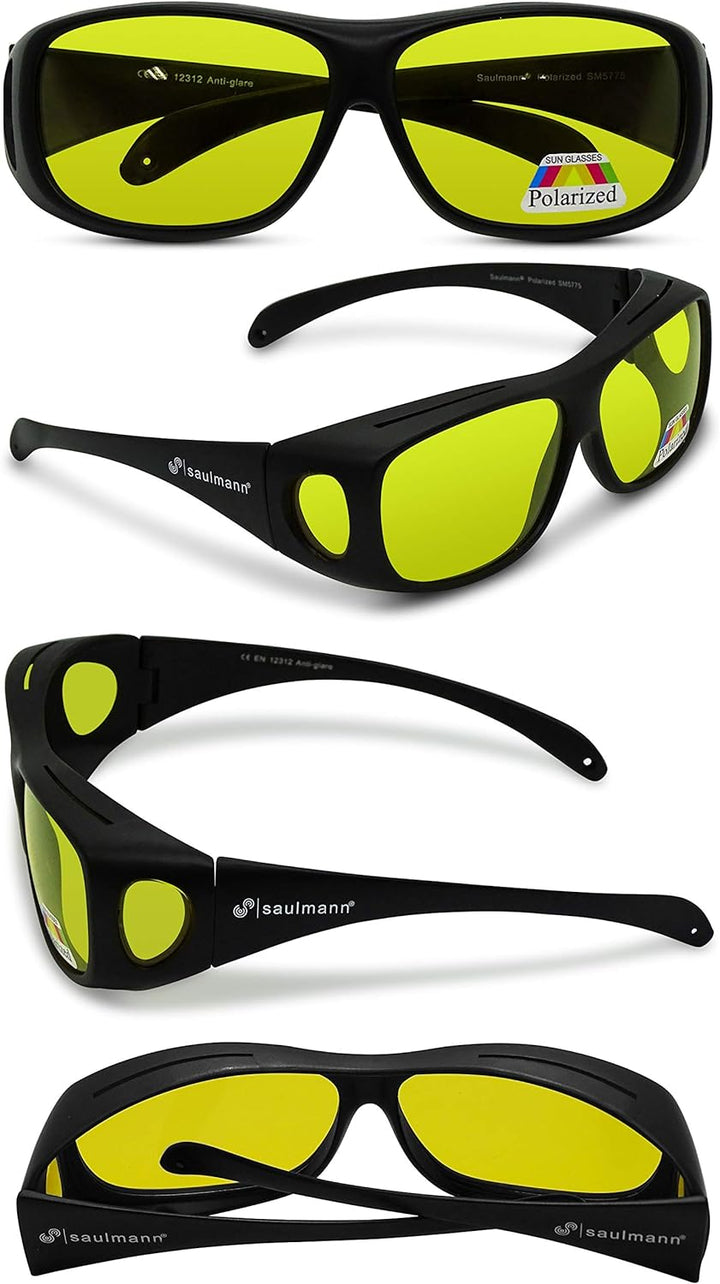 Saulmann® ✅ Polarisierte Unisex Überzieh Blendschutzbrille - Kontrast Outdoor- & Nacht Fahrbrille mi