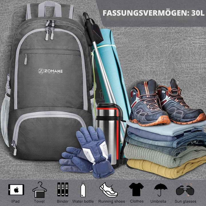 ZOMAKE Leicht Faltbarer Rucksack Packbare Backpacks 30L,Kleiner Faltbar Wanderrucksack Wasserdicht f