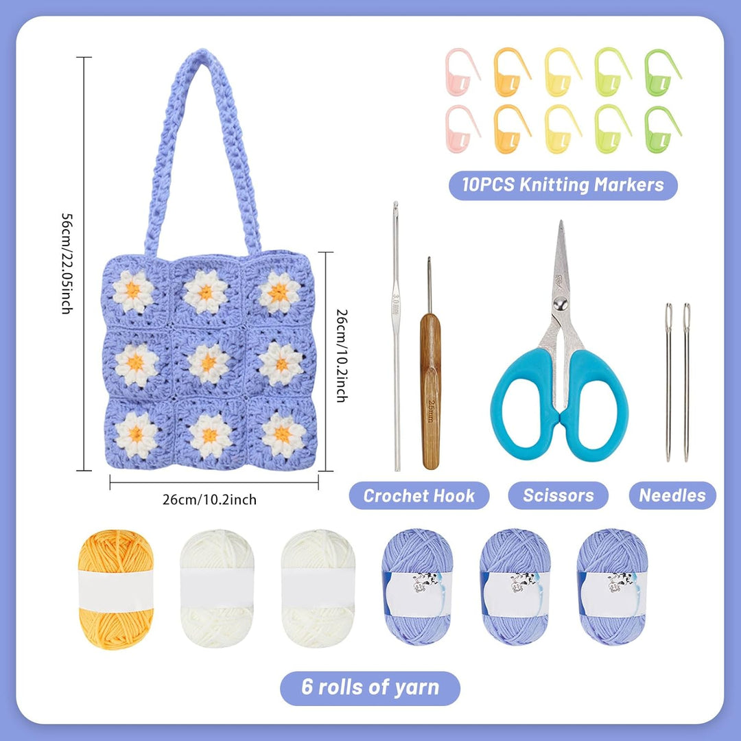 ORIGACH DIY Gänseblümchen-Häkel-Tragetaschen-Set für Anfänger, Floral Crochet Granny Square Handmade