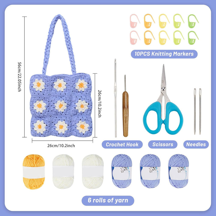 ORIGACH DIY Gänseblümchen-Häkel-Tragetaschen-Set für Anfänger, Floral Crochet Granny Square Handmade