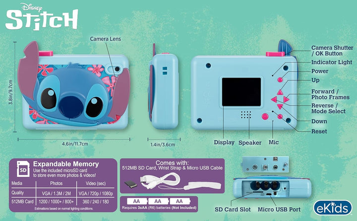 eKids Disney Stitch Digitalkamera, 2 MP, 2-Zoll-Bildschirm, 512 MB SD-Karte, 5 Spiele enthalten, Bla