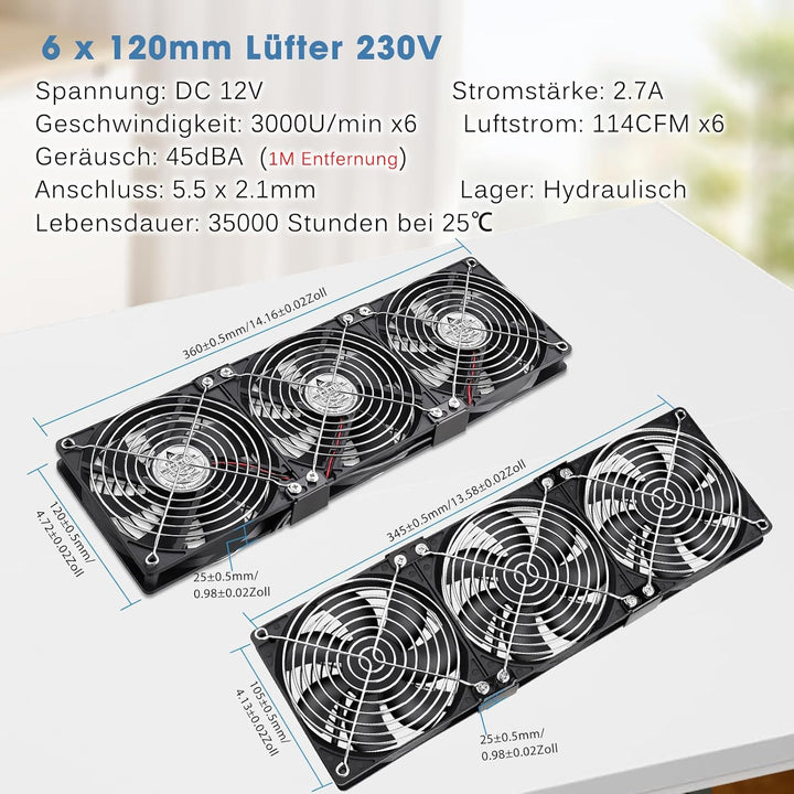 GDSTIME 6 x 120mm Lüfter 230V Dual 360mm Gehäuselüfter 220V PC Ventilator 3000 U/min DC 4V-12V Regel