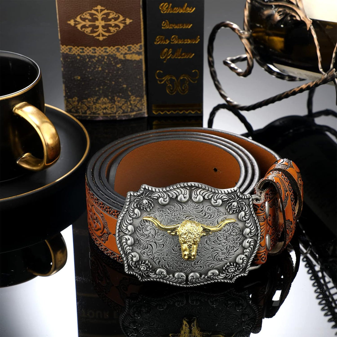 Jadive Herren Gürtel Western Cowboy Bull Leder Gürtel Schnalle mit Blumen Gravur Kamel 43 Pulgadas,