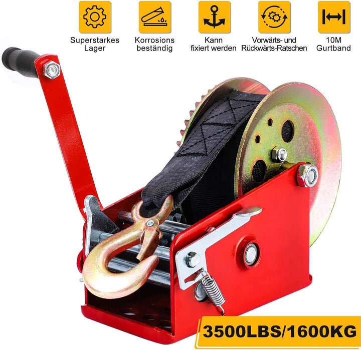 Pindex Handseiwinde mit 10m Gurtband 1600kg/3500LS, Seilwinde mit Bremse für Werkstatt/Garage/Anhäng