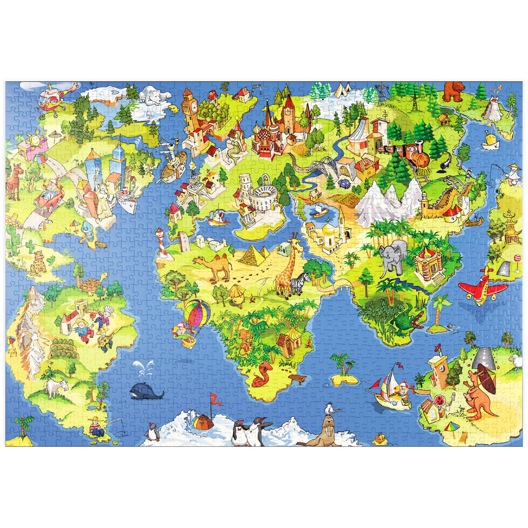 Tolle und lustige Cartoon-Weltkarte - Illustration für Kinder - Premium 1000 Teile Puzzle - MyPuzzle