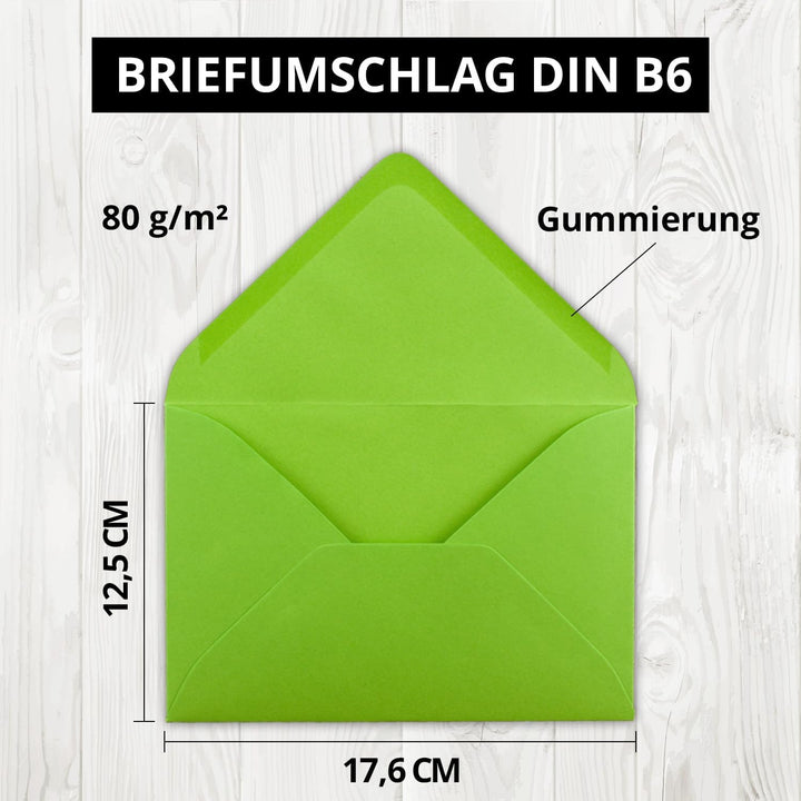 200x Brief-Umschläge in Hell-Grün - 80 g/m² - Kuverts in DIN B6 Format 12,5 x 17,6 cm - Nassklebung