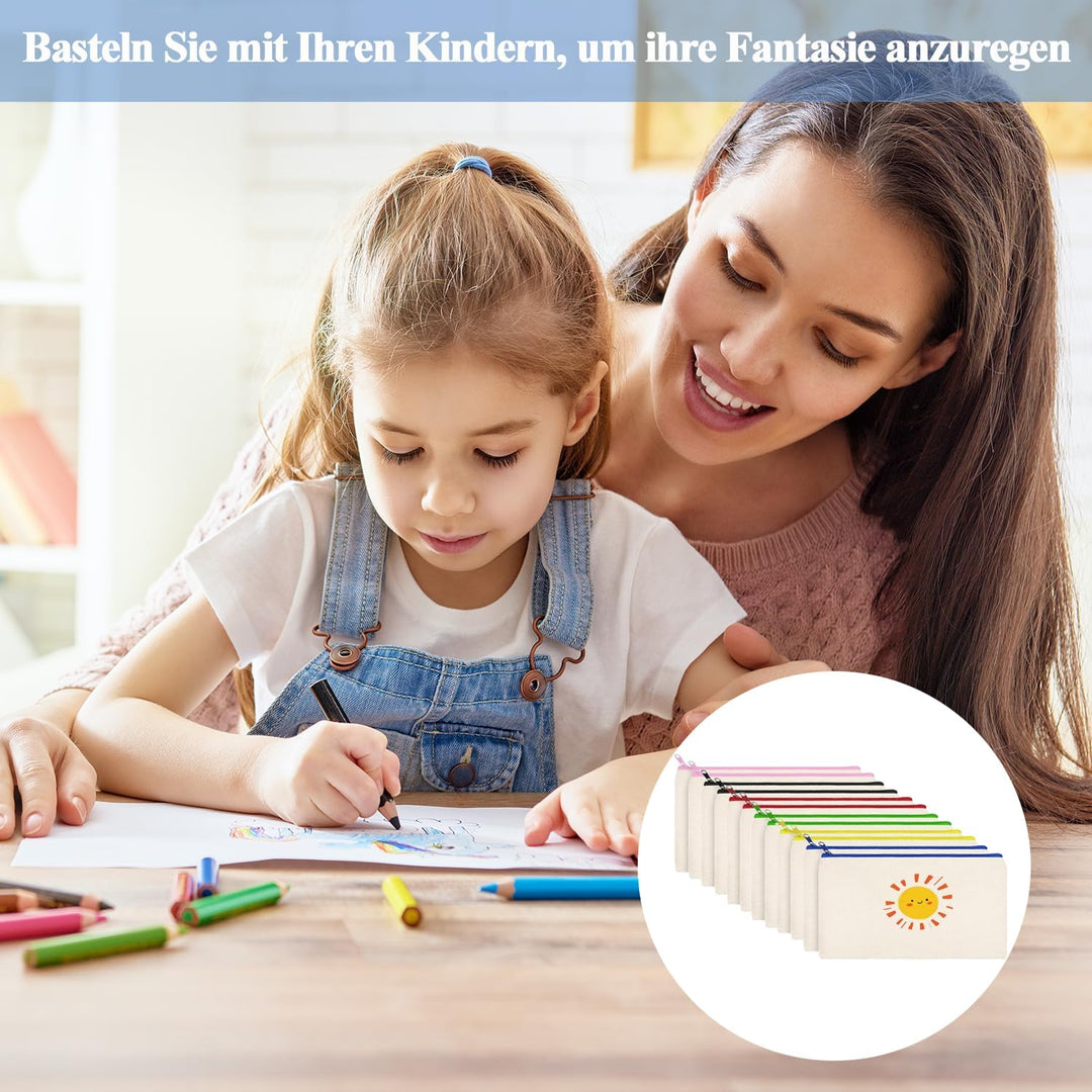 24 Stück DIY Blanko Stoffbeutel, Stoff Federmäppchen zum Bemalen, Bunt Stoffbeutel Zum Bemalen, 12 x