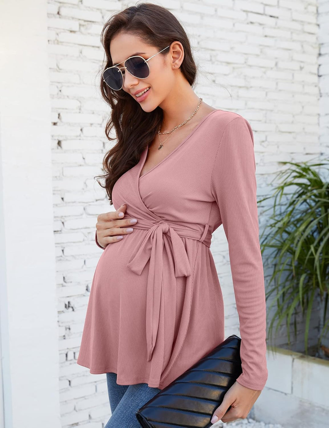 KOJOOIN Damen Stillshirt Schwangerschaftsshirt V-Ausschnitt Umstandsshirt Langarm Nursing Tops mit G