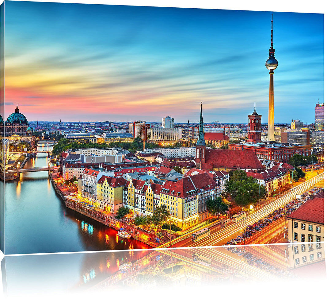 Berlin City Panorama, Format: 100x70 auf Leinwand, XXL riesige Bilder fertig gerahmt mit Keilrahmen,