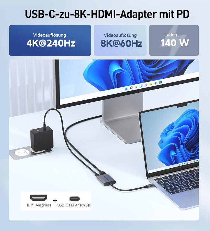 Cable Matters 48Gbps USB-C auf HDMI 2.1 Adapter mit 140W Power Delivery, 140W
