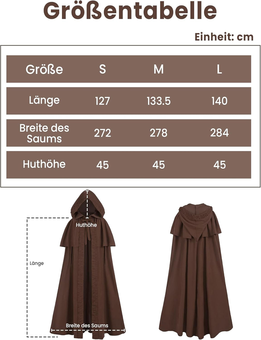 Mittelalter Umhang Damen mit Kapuze – Halloween Cape Vampir Kostüm Hexe Frauen Umhang Schwarz Vampir