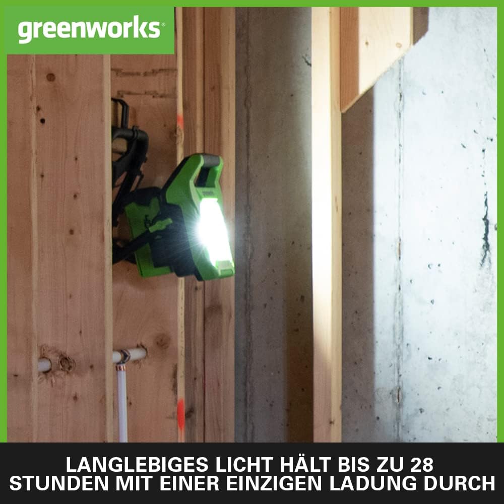 Greenworks G24WL Akku Arbeitsleuchte mit Haken zum Aufhängen, AC/DC-Hybrid, AC-Netzkabel oder tragba
