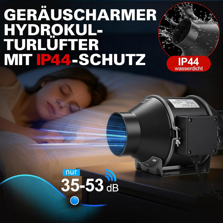 XIIW Regelbar Rohrventilator 100mm mit Drehzahlregler, 360m³/h 3000 RPM Inline Abluftventilator mit