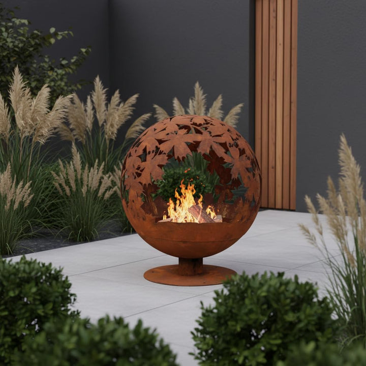 Jet-Line Feuerstelle World Firebowl Kugel in Rostoptik Motiv Blätter 58 x 58 x 66 cm Feuerball Garte