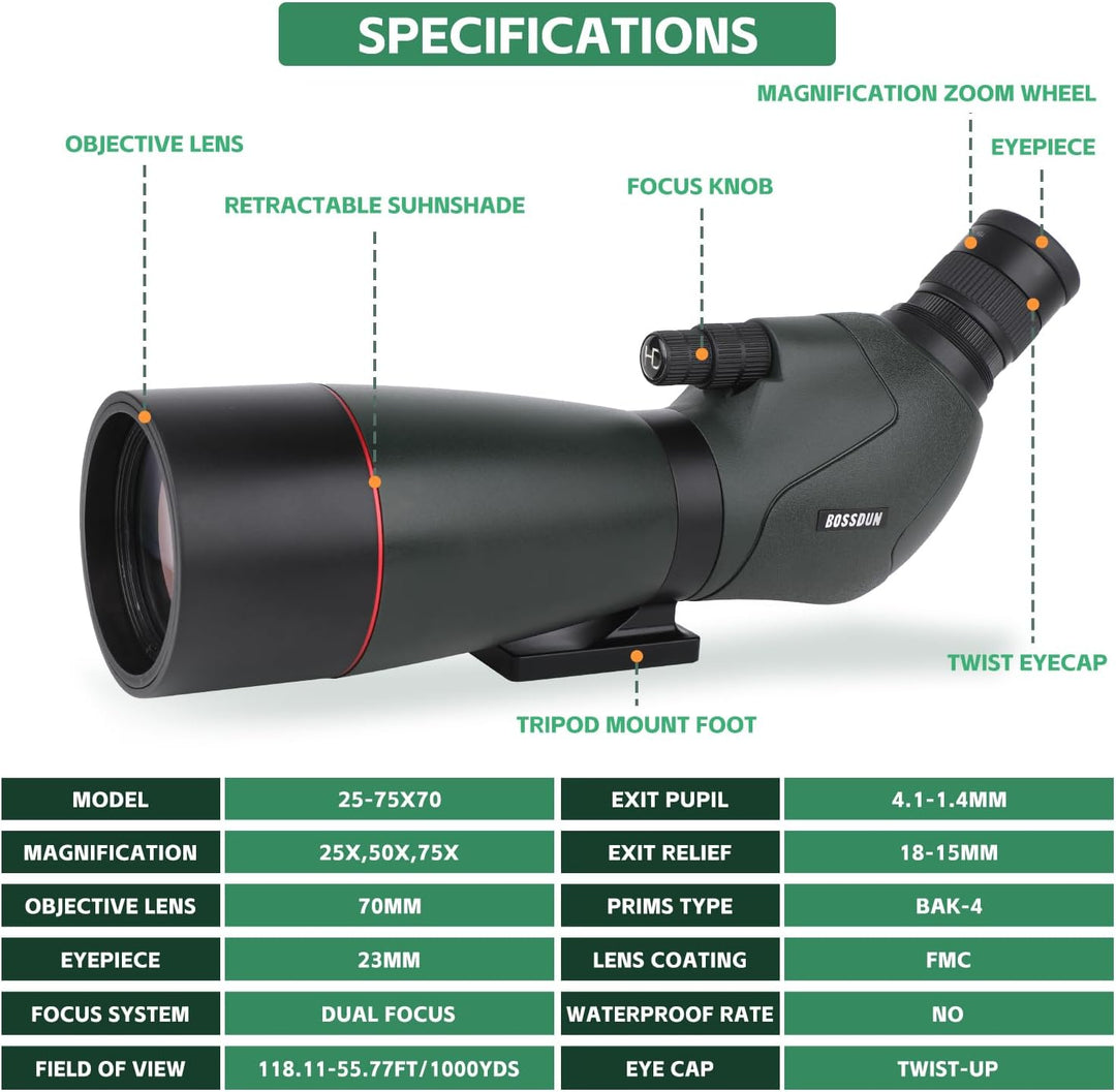 Spektive für Zielschiessen - HD Spektiv mit Stativ Tragetasche & Smartphone Halterung - BAK4 Spektiv