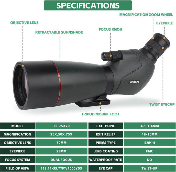 Spektive für Zielschiessen - HD Spektiv mit Stativ Tragetasche & Smartphone Halterung - BAK4 Spektiv