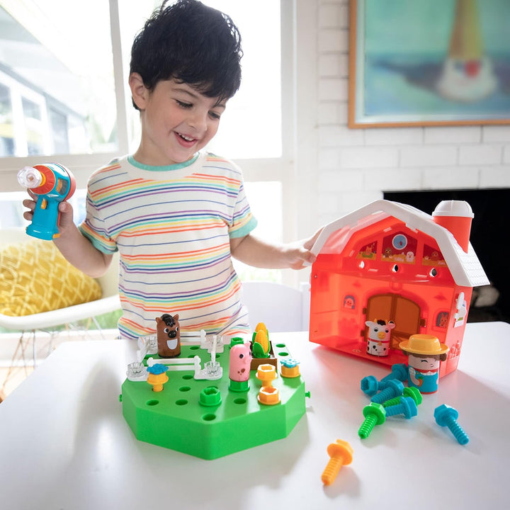 Learning Resources Design & Drill Schrauberkumpel Scheune, Bauernhof-Spielzeugset mit Landwirt, MINT