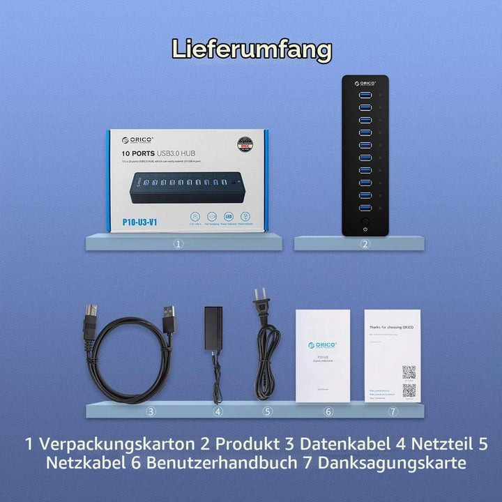 ORICO USB 3.0 Hub 10 Ports mit Netzschaltern und Netzteil 45W (12V4A), 5 Gbps Highspeed Datenhub für