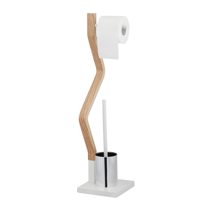 Relaxdays WC Garnitur stehend, Holz und Stahl, Toilettenpapierhalter mit Bürste, HBT 75 x 18,5 x 18,