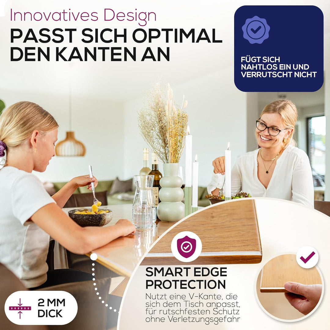 BEAUTEX Glasklar Folie 2 mm + abgeschrägte Kante, transparente Tischdecke Tischschutz, Made in Germa