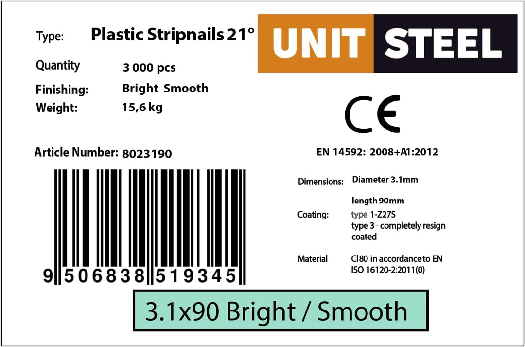 21° Rundkopf Streifennägel - 3,1X90mm, 3.000 stück, Blank/glatt Blank/glatt 3,1X90mm, Blank/glatt 3,