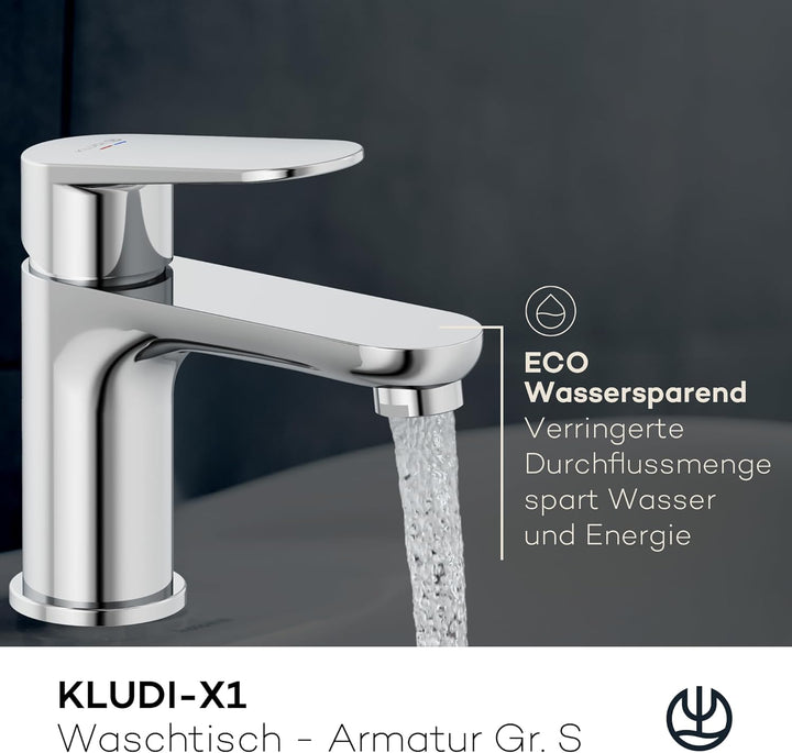 KLUDI-X1 Waschtischarmatur, Auslaufhöhe 75 mm, wassersparender Wasserhahn Bad Grösse S, Keramikkartu