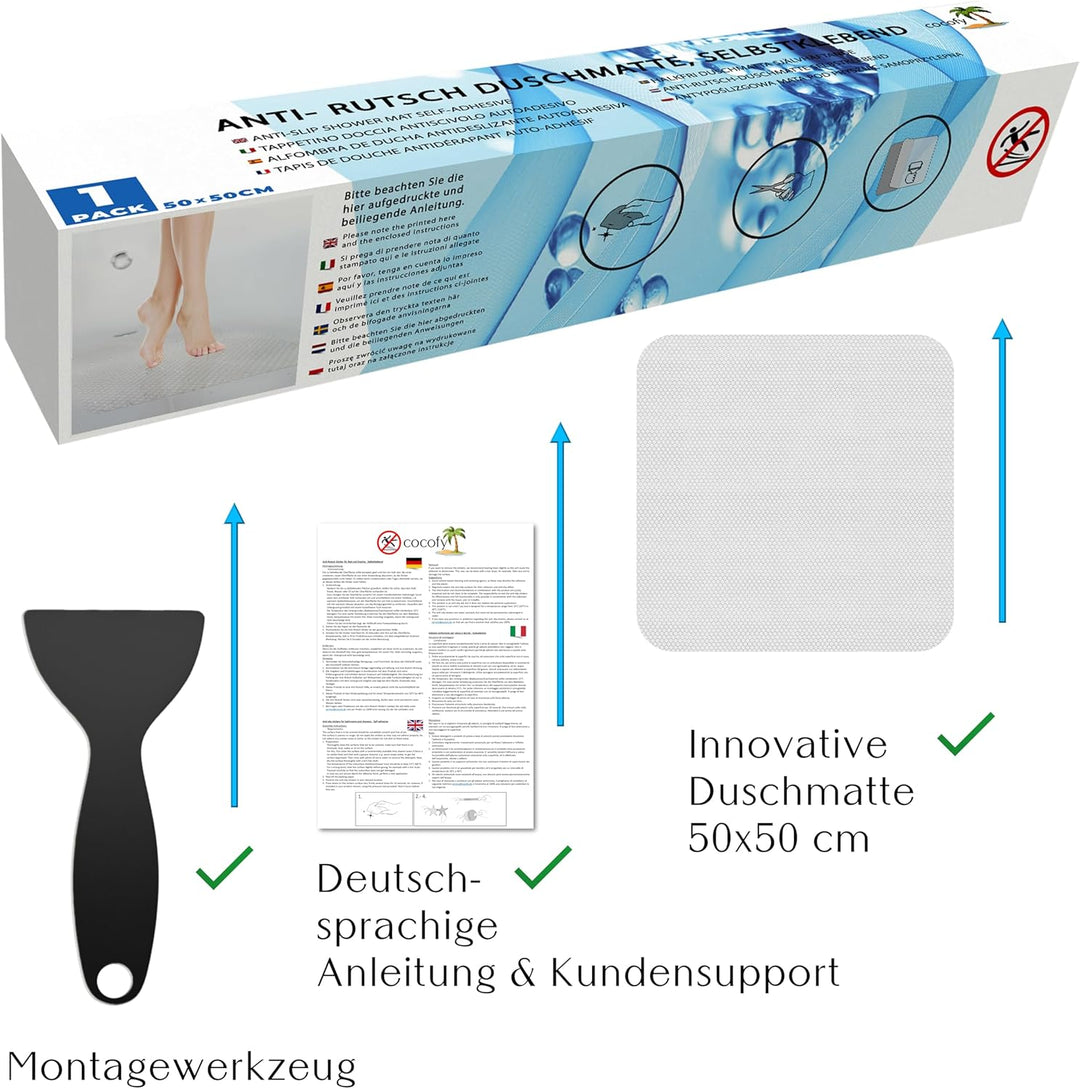 Duschmatte transparent 50x50 cm – hygienisch zum Kleben, Duschmatte rutschfest, Selbstklebende Anti