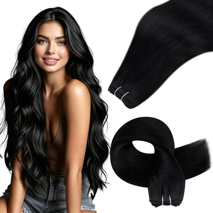 Hetto Extensions Tressen Echthaar Sew in Echthaar Tressen Extensions 40cm Schwarz Tressen Extensions
