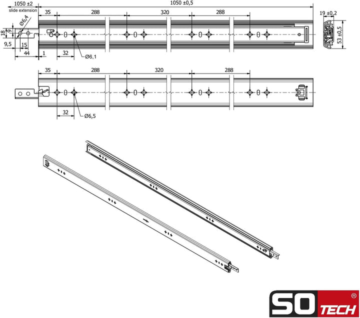 1 Paar SOTECH Schwerlastauszüge VarioSlide KV2-100-H53-L1050-EH 1050 mm mit Lock-in/out Einrastfunkt