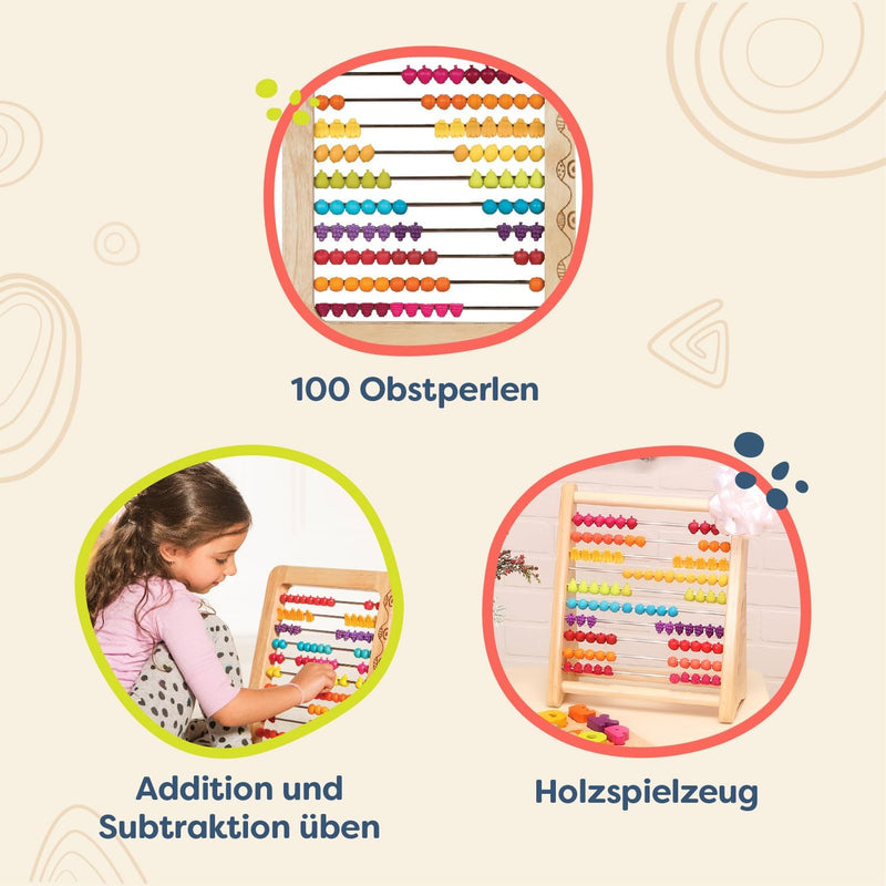 B. toys Rechenschieber aus Holz mit 100 Perlen – Lernspielzeug Abakus mit bunten Obstperlen – Rechen