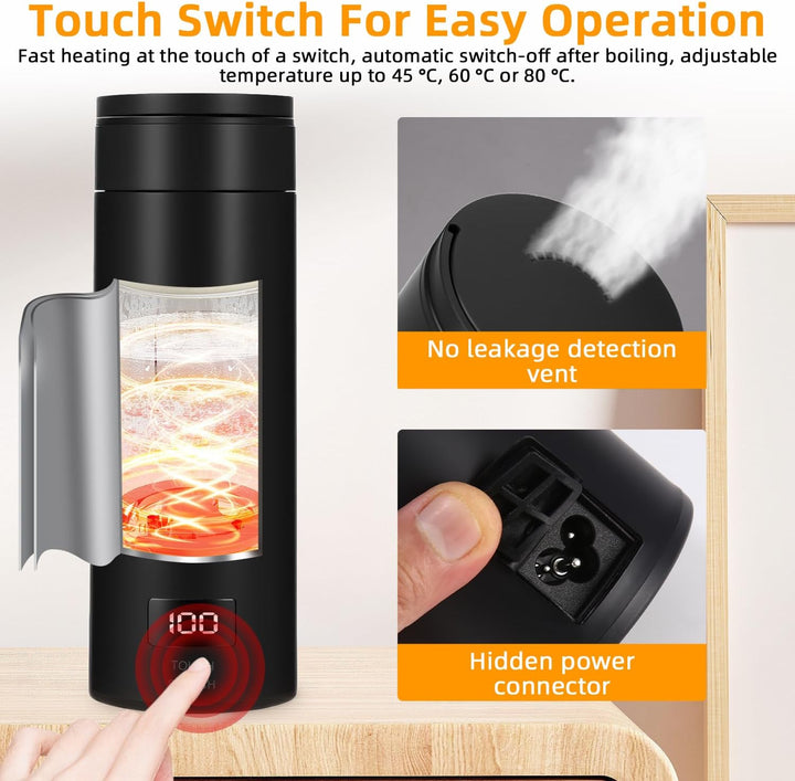 380ML Kleiner Tragbarer Wasserkocher, 3 in 1 Mini Elektrische Wassertasse mit Temperatureinstellung,