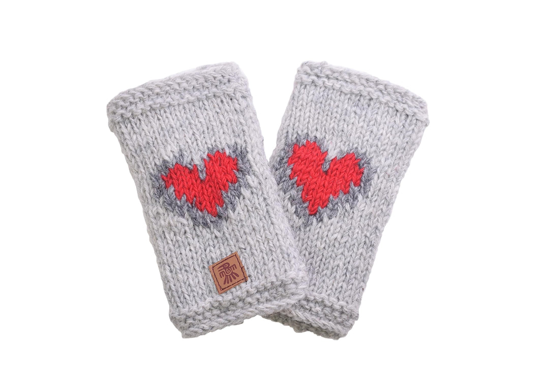 Pachamama Damen-Handwärmer, Wolle, Fleece-gefüttert, handgestrickt, rotes Herzmuster, Haferflocken,