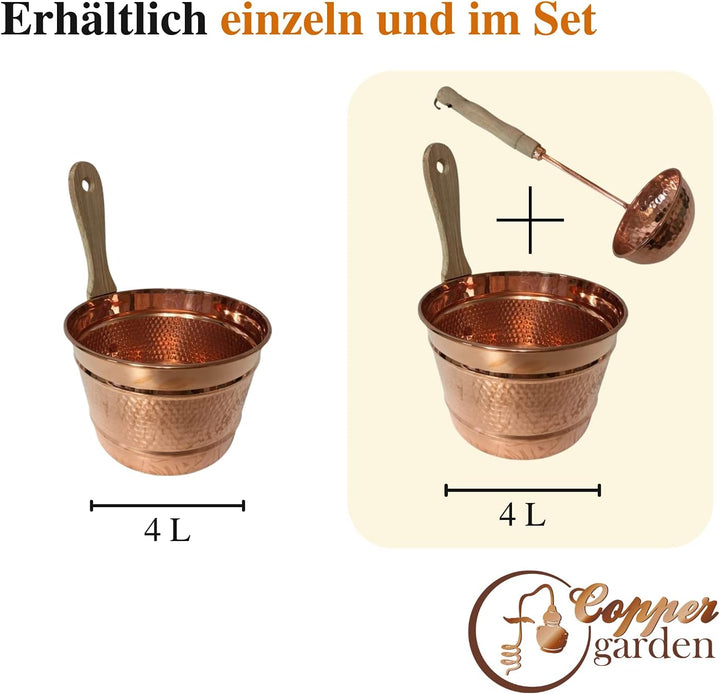 CopperGarden Saunaeimer aus blankem Kupfer mit Schöpfkelle I Schwalleimer mit Wandhalterung aus Holz