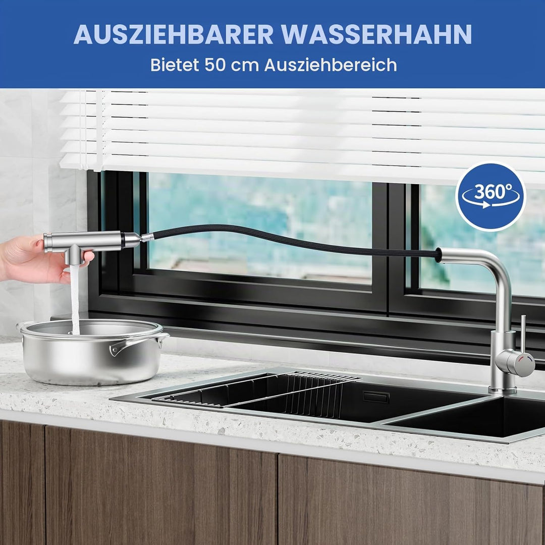 Wasserhahn Küche Ausziehbar - L-förmige Mischbatterie Küchenarmatur mit 360° Schwenkbare, 2 Modi,Hoh