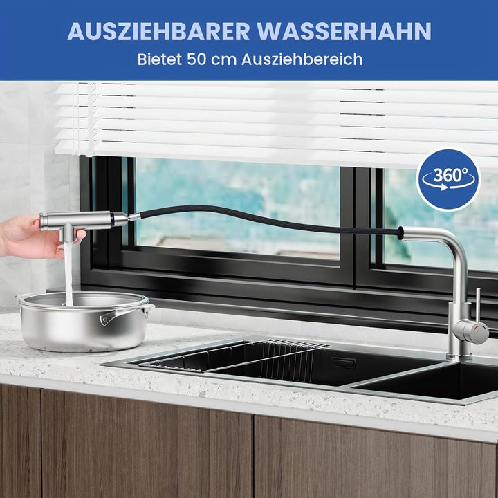 Wasserhahn Küche Ausziehbar - L-förmige Mischbatterie Küchenarmatur mit 360° Schwenkbare, 2 Modi,Hoh