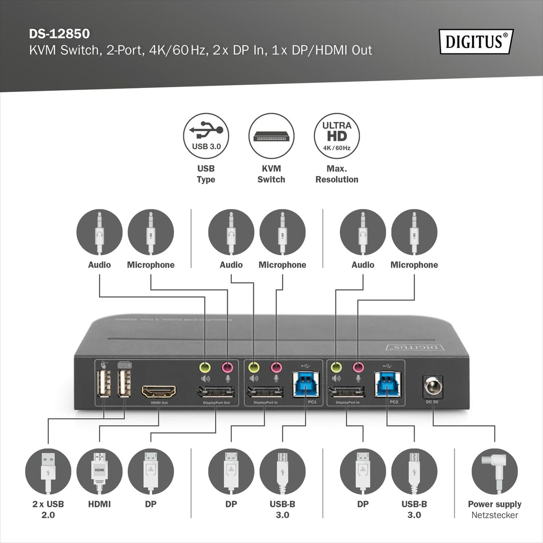 DIGITUS KVM-Switch DisplayPort – 2-Port Single-Display – 2 PC 1 Monitor – 1x Maus, Tastatur & Audio