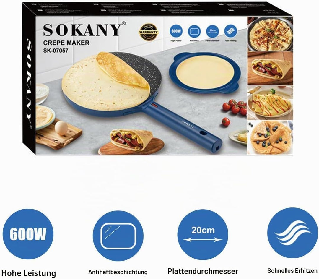 SOKANY Crepes Maker, Elektrischer Crêpes-Maker mit Cool-Touch-Griff, Antihaftbeschichtung, Temperatu