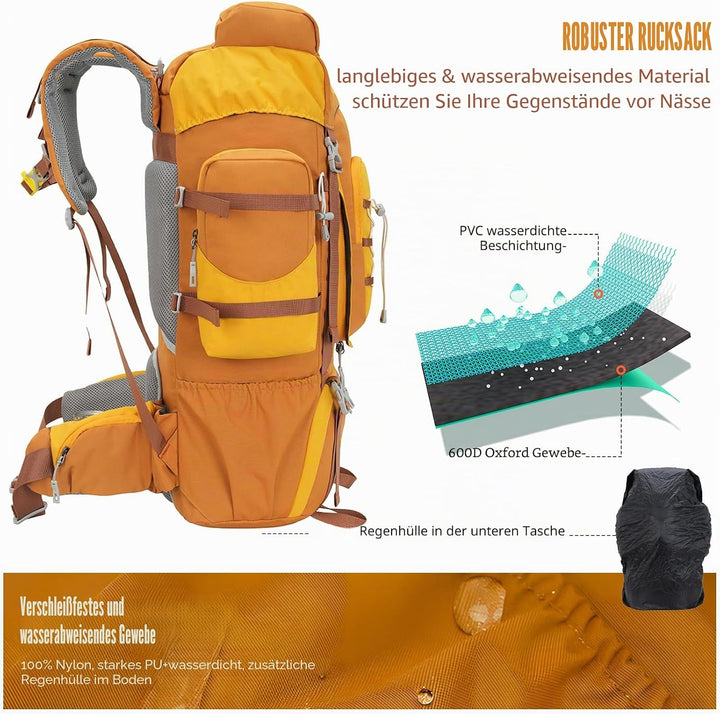 Bseash 70L (65+5) Wasserdichter Wanderrucksack mit Regenschutz, Outdoor-Sport, Reisen, Tagesrucksack